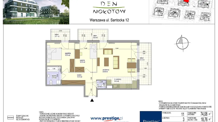 Rzut - Mieszkanie na sprzedaż 3 pokoje o powierzchni 74,08 m² - numer 11/4B w Zen Garden Mokotów