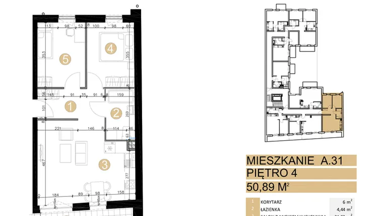 Rzut - Mieszkanie na sprzedaż 3 pokoje o powierzchni 50,89 m² - numer A.31 w Na Jeżycach