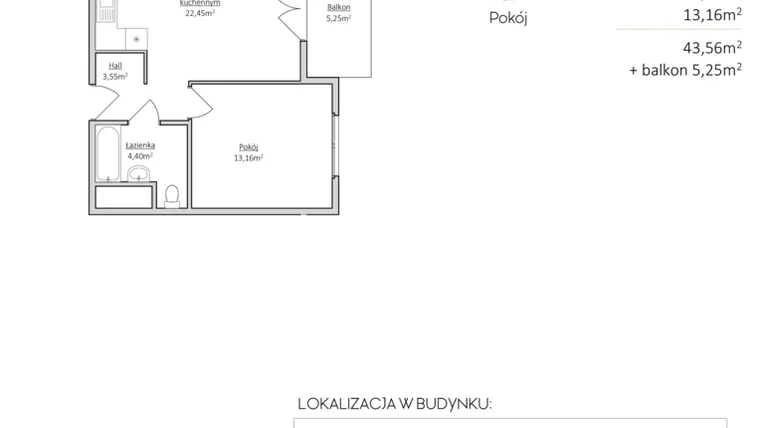 Rzut - Mieszkanie na sprzedaż 2 pokoje o powierzchni 43,56 m² - numer F1.2.3 w GARDEN HOUSE III