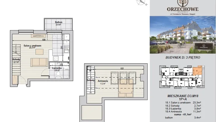 Rzut - Mieszkanie na sprzedaż 2 pokoje o powierzchni 41,1 m² - numer D3.M18 w Osiedle Orzechowe