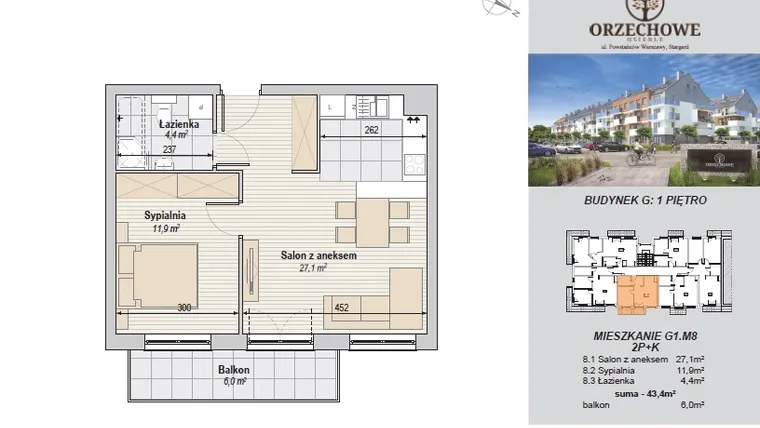 Rzut - Mieszkanie na sprzedaż 2 pokoje o powierzchni 43,4 m² - numer G1.M8 w Osiedle Orzechowe