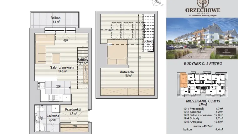 Rzut - Mieszkanie na sprzedaż 2 pokoje o powierzchni 49,7 m² - numer C3.M19 w Osiedle Orzechowe