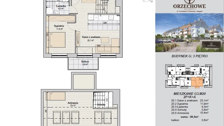 Rzut - Mieszkanie na sprzedaż 3 pokoje o powierzchni 58,5 m² - numer G3.M20 w Osiedle Orzechowe
