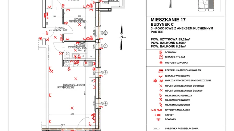 Rzut - Mieszkanie na sprzedaż 3 pokoje o powierzchni 55,02 m² - numer 17 w Osiedle 4 Pory Roku - Etap II
