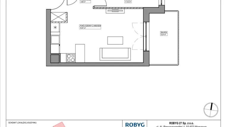 Rzut - Mieszkanie na sprzedaż 2 pokoje o powierzchni 40,13 m² - numer AK/A/C/1/8 w Apartamenty Królewskie