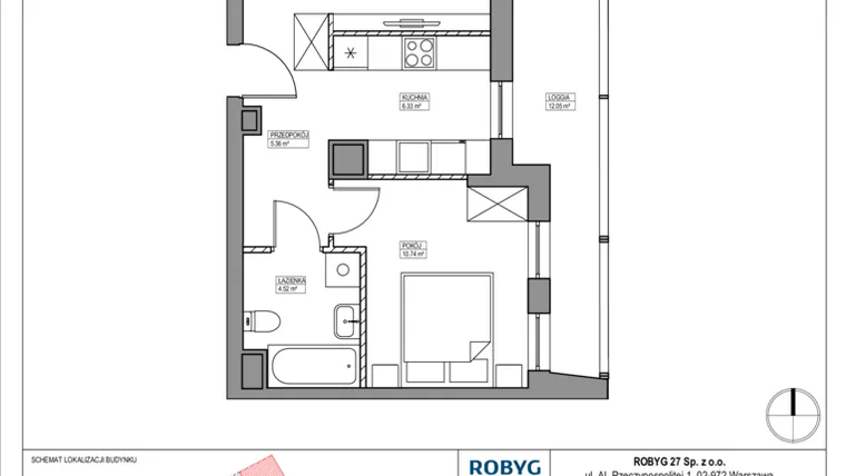 Rzut - Mieszkanie na sprzedaż 2 pokoje o powierzchni 44,74 m² - numer AK/A/A/2/3 w Apartamenty Królewskie