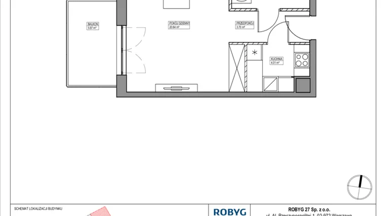 Rzut - Mieszkanie na sprzedaż 1 pokój o powierzchni 34,31 m² - numer AK/A/C/2/3 w Apartamenty Królewskie