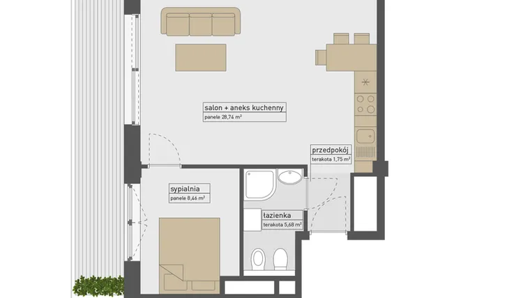 Rzut - Mieszkanie na sprzedaż 2 pokoje o powierzchni 46,29 m² - numer 301 w Natural Baltic Darłówko