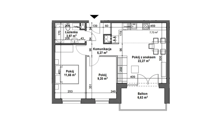 Rzut - Mieszkanie na sprzedaż 3 pokoje o powierzchni 52,37 m² - numer B7 opcja w Osiedle Magnolia