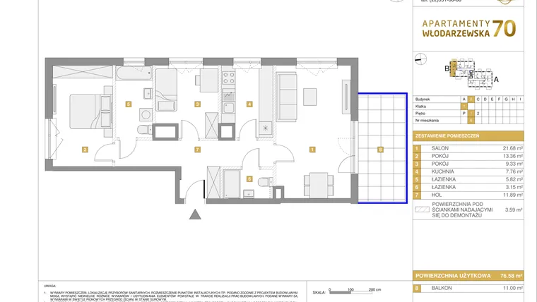 Rzut - Mieszkanie na sprzedaż 3 pokoje o powierzchni 76,63 m² - numer B.6 w Apartamenty Włodarzewska 70