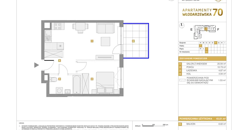 Rzut - Mieszkanie na sprzedaż 2 pokoje o powierzchni 43,01 m² - numer F.11 w Apartamenty Włodarzewska 70