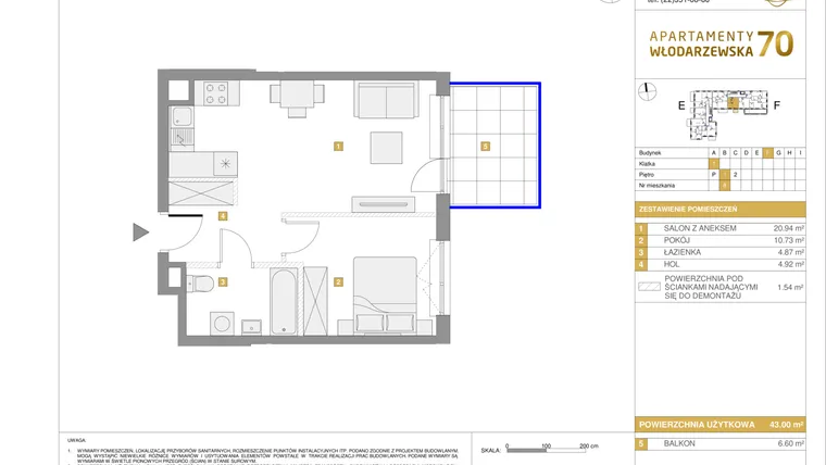 Rzut - Mieszkanie na sprzedaż 2 pokoje o powierzchni 43 m² - numer F.8 w Apartamenty Włodarzewska 70