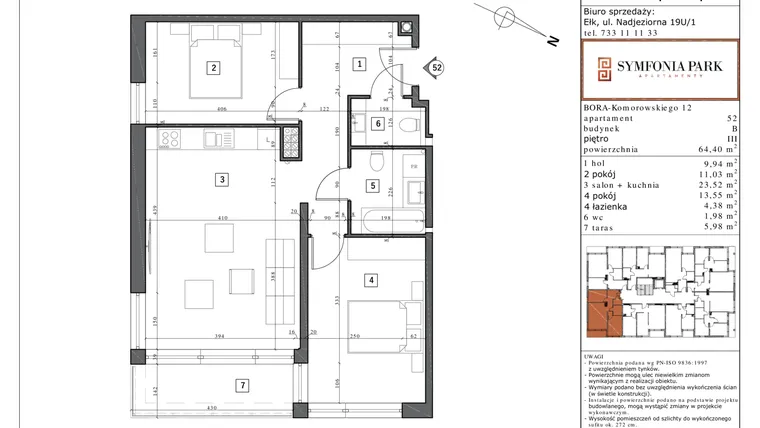 Rzut - Mieszkanie na sprzedaż 3 pokoje o powierzchni 64,4 m² - numer 52 w Symfonia Park