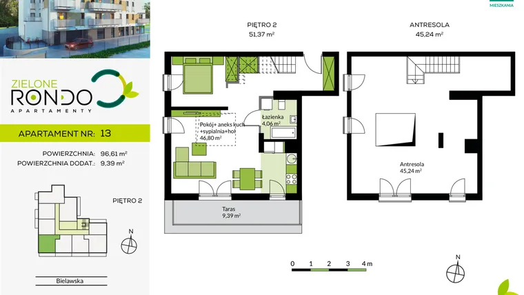 Rzut - Mieszkanie na sprzedaż 4 pokoje o powierzchni 96,36 m² - numer 13 w Zielone Rondo