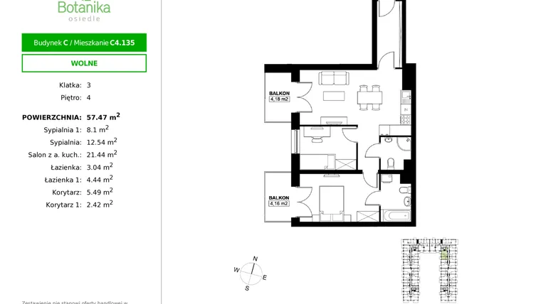 Rzut - Mieszkanie na sprzedaż 3 pokoje o powierzchni 57,47 m² - numer C4.135 w Osiedle Botanika etap III