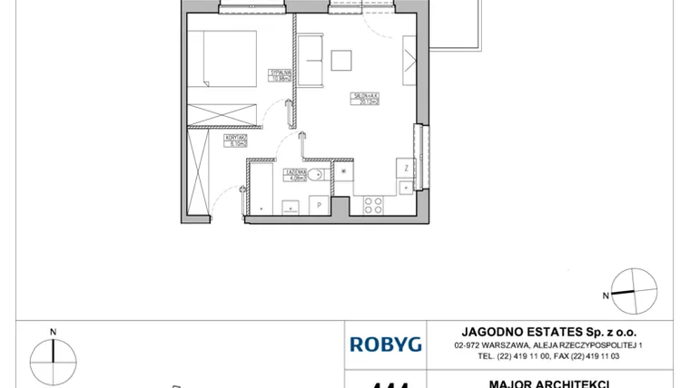 Rzut - Mieszkanie na sprzedaż 2 pokoje o powierzchni 42,42 m² - numer RJ2/C/1/3 w Robyg Jagodno - Etap II
