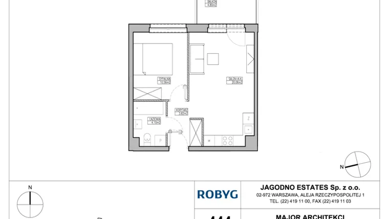 Rzut - Mieszkanie na sprzedaż 2 pokoje o powierzchni 39,55 m² - numer RJ2/D/1/1 w Robyg Jagodno - Etap II