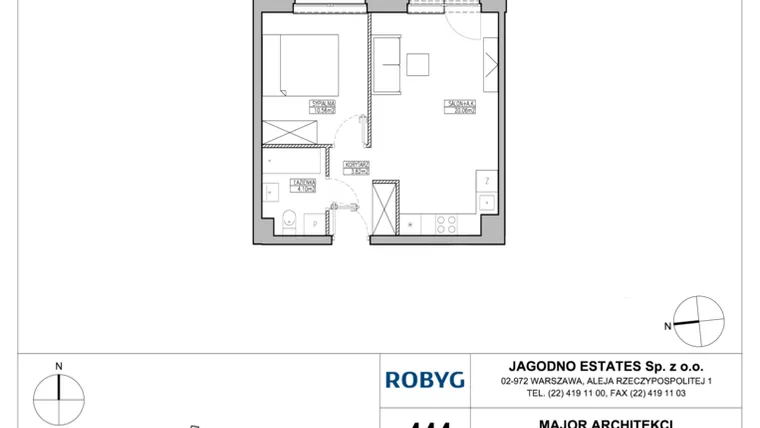 Rzut - Mieszkanie na sprzedaż 2 pokoje o powierzchni 39,5 m² - numer RJ2/C/1/1 w Robyg Jagodno - Etap II