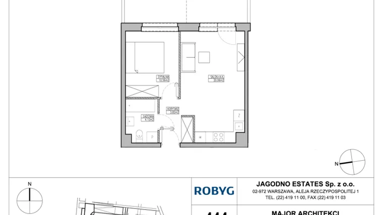 Rzut - Mieszkanie na sprzedaż 2 pokoje o powierzchni 39,55 m² - numer RJ2/A/0/1 w Robyg Jagodno - Etap II
