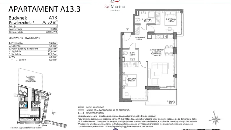 Rzut - Lokal użytkowy na sprzedaż 3 pokoje o powierzchni 76,5 m² - numer A13.3 w Sol Marina