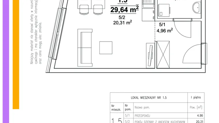 Rzut - Mieszkanie na sprzedaż 1 pokój o powierzchni 29,64 m² - numer 5 w Wysłouchów
