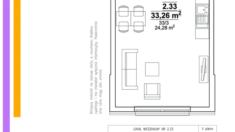 Rzut - Mieszkanie na sprzedaż 1 pokój o powierzchni 33,26 m² - numer 33 w Wysłouchów