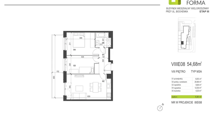 Rzut - Mieszkanie na sprzedaż 3 pokoje o powierzchni 54,68 m² - numer VIIIE8 w Osiedle Dobra Forma etap III