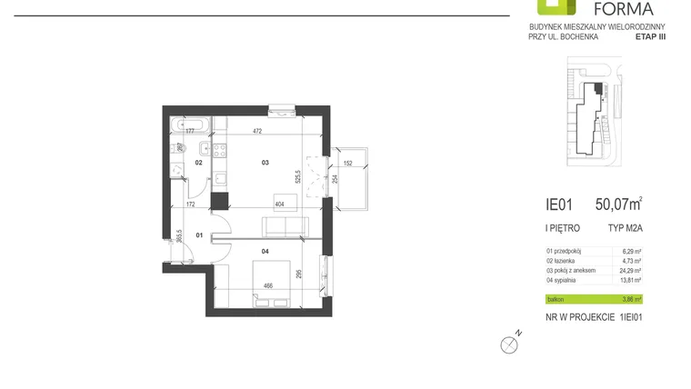 Rzut - Mieszkanie na sprzedaż 2 pokoje o powierzchni 50,07 m² - numer IE1 w Osiedle Dobra Forma etap III