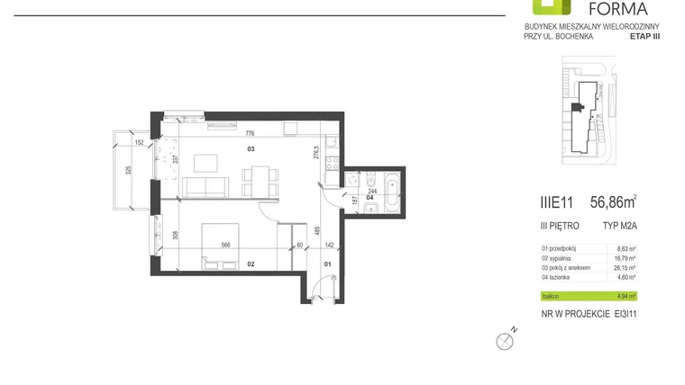 Rzut - Mieszkanie na sprzedaż 2 pokoje o powierzchni 56,86 m² - numer IIIE11 w Osiedle Dobra Forma etap III