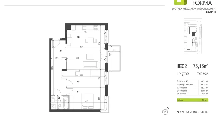 Rzut - Mieszkanie na sprzedaż 3 pokoje o powierzchni 75,15 m² - numer IIE2 w Osiedle Dobra Forma etap III