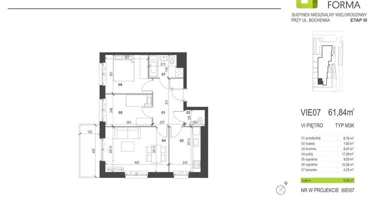Rzut - Mieszkanie na sprzedaż 3 pokoje o powierzchni 61,84 m² - numer VIE7 w Osiedle Dobra Forma etap III