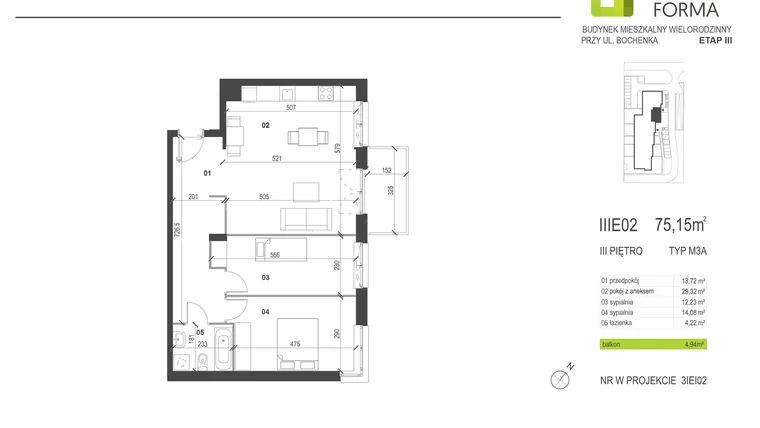 Rzut - Mieszkanie na sprzedaż 3 pokoje o powierzchni 75,15 m² - numer IIIE2 w Osiedle Dobra Forma etap III