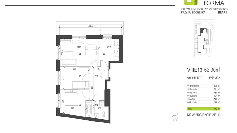 Rzut - Mieszkanie na sprzedaż 3 pokoje o powierzchni 62 m² - numer VIIIE13 w Osiedle Dobra Forma etap III