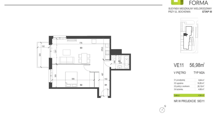 Rzut - Mieszkanie na sprzedaż 2 pokoje o powierzchni 56,98 m² - numer VE11 w Osiedle Dobra Forma etap III