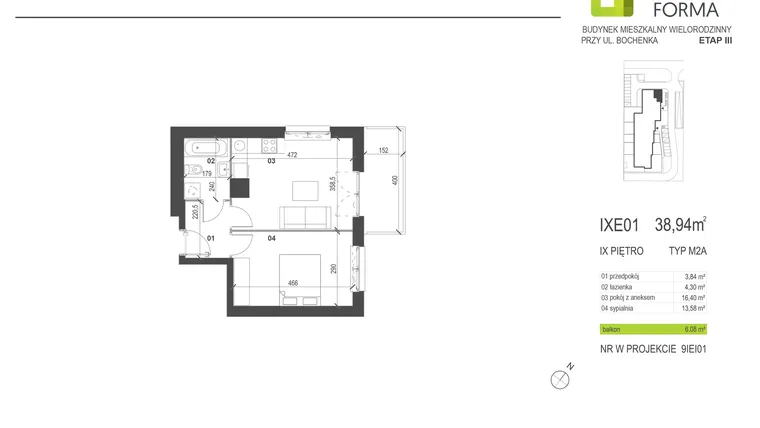 Rzut - Mieszkanie na sprzedaż 2 pokoje o powierzchni 38,94 m² - numer IXE1 w Osiedle Dobra Forma etap III