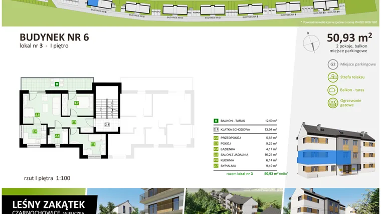 Rzut - Mieszkanie na sprzedaż 3 pokoje o powierzchni 51,38 m² - numer 6.3 w CZARNOCHOWICE " LEŚNY ZAKĄTEK"
