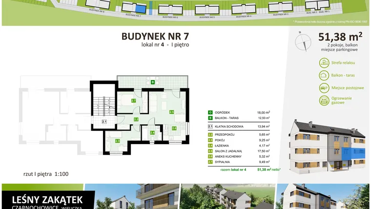 Rzut - Mieszkanie na sprzedaż 3 pokoje o powierzchni 51,38 m² - numer 7.4 w CZARNOCHOWICE " LEŚNY ZAKĄTEK"