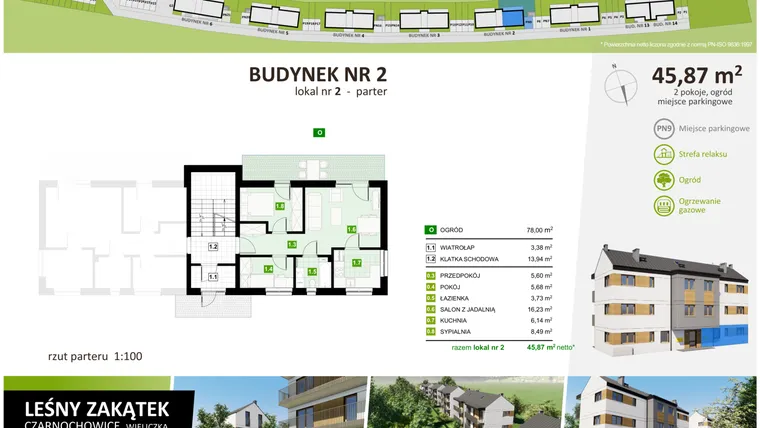 Rzut - Mieszkanie na sprzedaż 3 pokoje o powierzchni 46,31 m² - numer 2.2 w CZARNOCHOWICE " LEŚNY ZAKĄTEK"