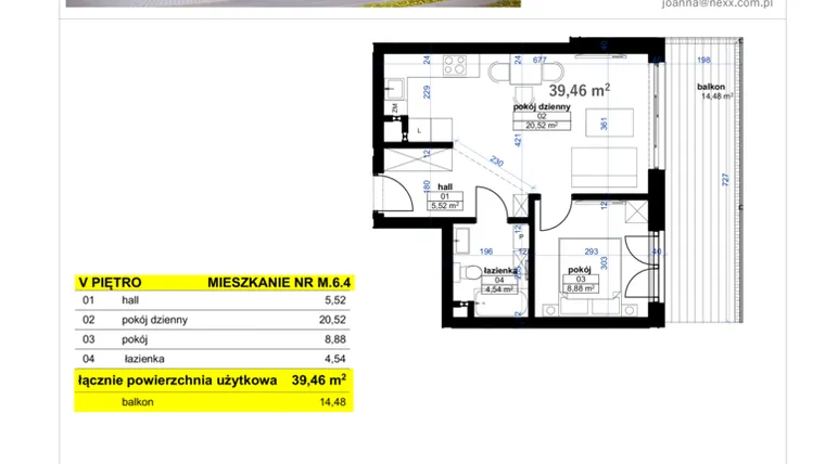 Rzut - Mieszkanie na sprzedaż 2 pokoje o powierzchni 39,46 m² - numer M 6.4 w Park Moniuszki etap IV