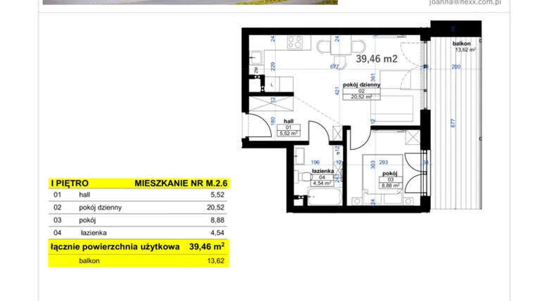 Rzut - Mieszkanie na sprzedaż 2 pokoje o powierzchni 39,46 m² - numer M 2.6 w Park Moniuszki etap IV