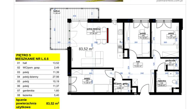 Rzut - Mieszkanie na sprzedaż 3 pokoje o powierzchni 83,52 m² - numer L 6.6 w Park Moniuszki etap IV