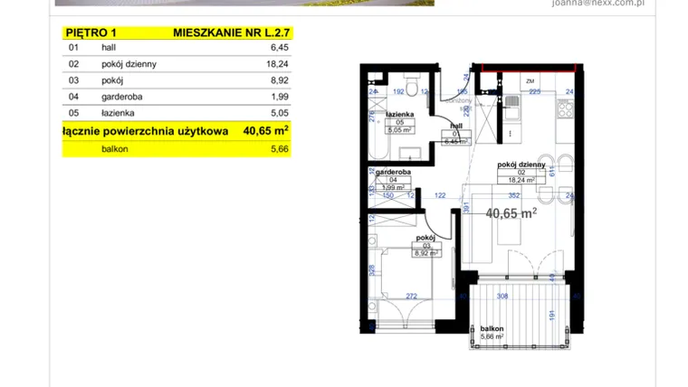 Rzut - Mieszkanie na sprzedaż 3 pokoje o powierzchni 40,65 m² - numer L 2.7 w Park Moniuszki etap IV