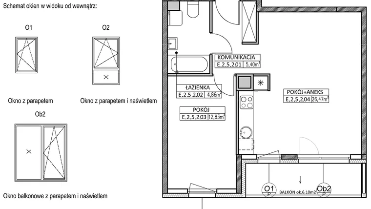 Rzut - Mieszkanie na sprzedaż 2 pokoje o powierzchni 49,56 m² - numer II.E.2.5.2 w Osiedle START