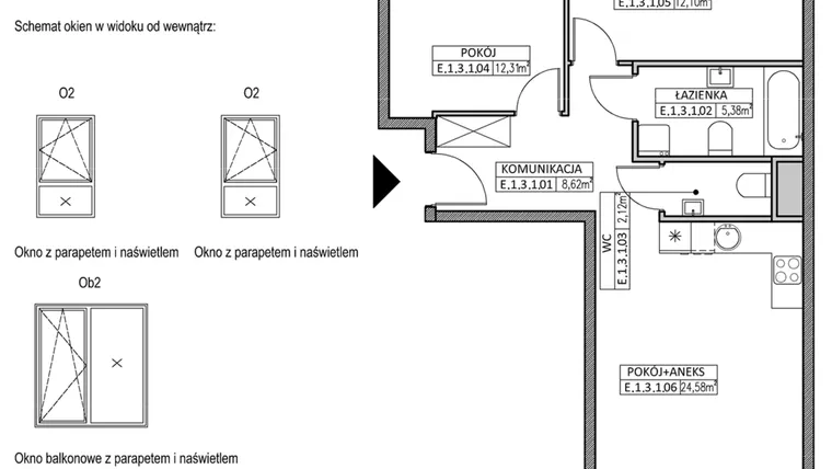 Rzut - Mieszkanie na sprzedaż 3 pokoje o powierzchni 65 m² - numer II.E.1.3.1 w Osiedle START