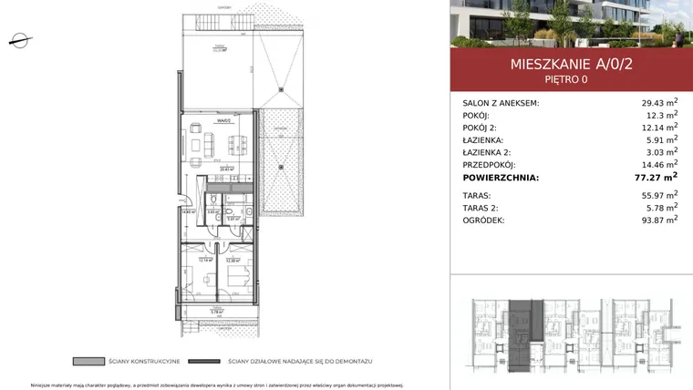 Rzut - Mieszkanie na sprzedaż 3 pokoje o powierzchni 77,27 m² - numer A/0/2 w WUWART