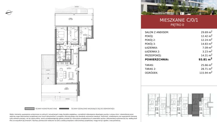 Rzut - Mieszkanie na sprzedaż 4 pokoje o powierzchni 93,81 m² - numer C/0/1 w WUWART