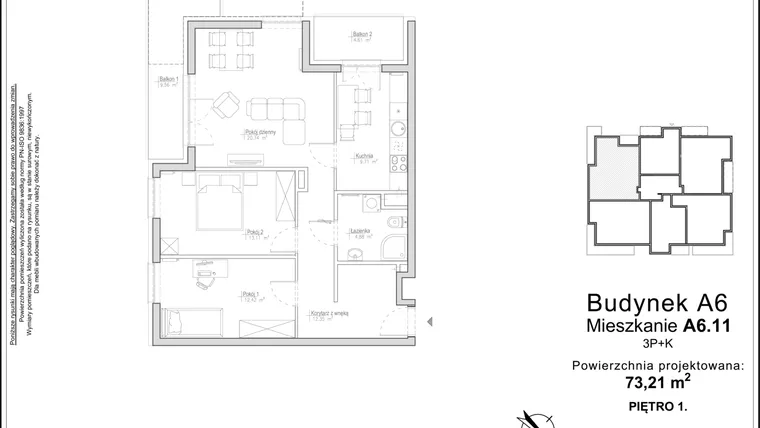 Rzut - Mieszkanie na sprzedaż 3 pokoje o powierzchni 73,21 m² - numer A6.11 w Strzeszyn 2