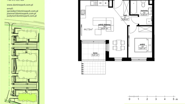 Rzut - Mieszkanie na sprzedaż 2 pokoje o powierzchni 44,72 m² - numer D 1.5 w Domino Park Siemianowice I Etap