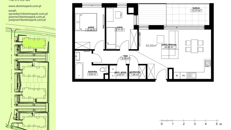 Rzut - Mieszkanie na sprzedaż 3 pokoje o powierzchni 62,82 m² - numer A 4.4 w Domino Park Siemianowice I Etap