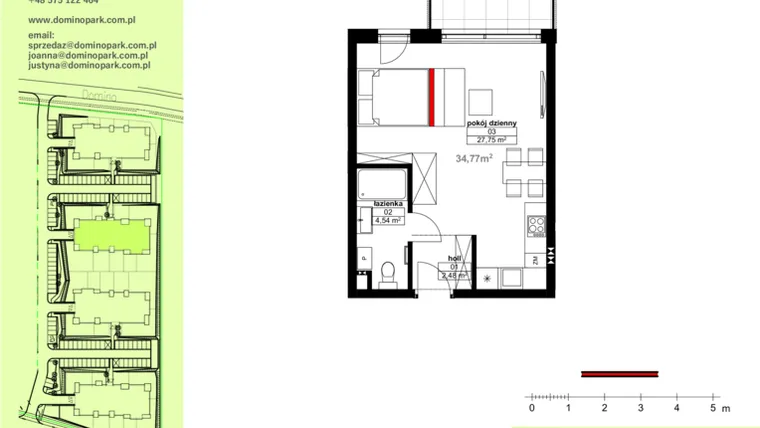 Rzut - Mieszkanie na sprzedaż 1 pokój o powierzchni 34,77 m² - numer B 3.9 w Domino Park Siemianowice I Etap